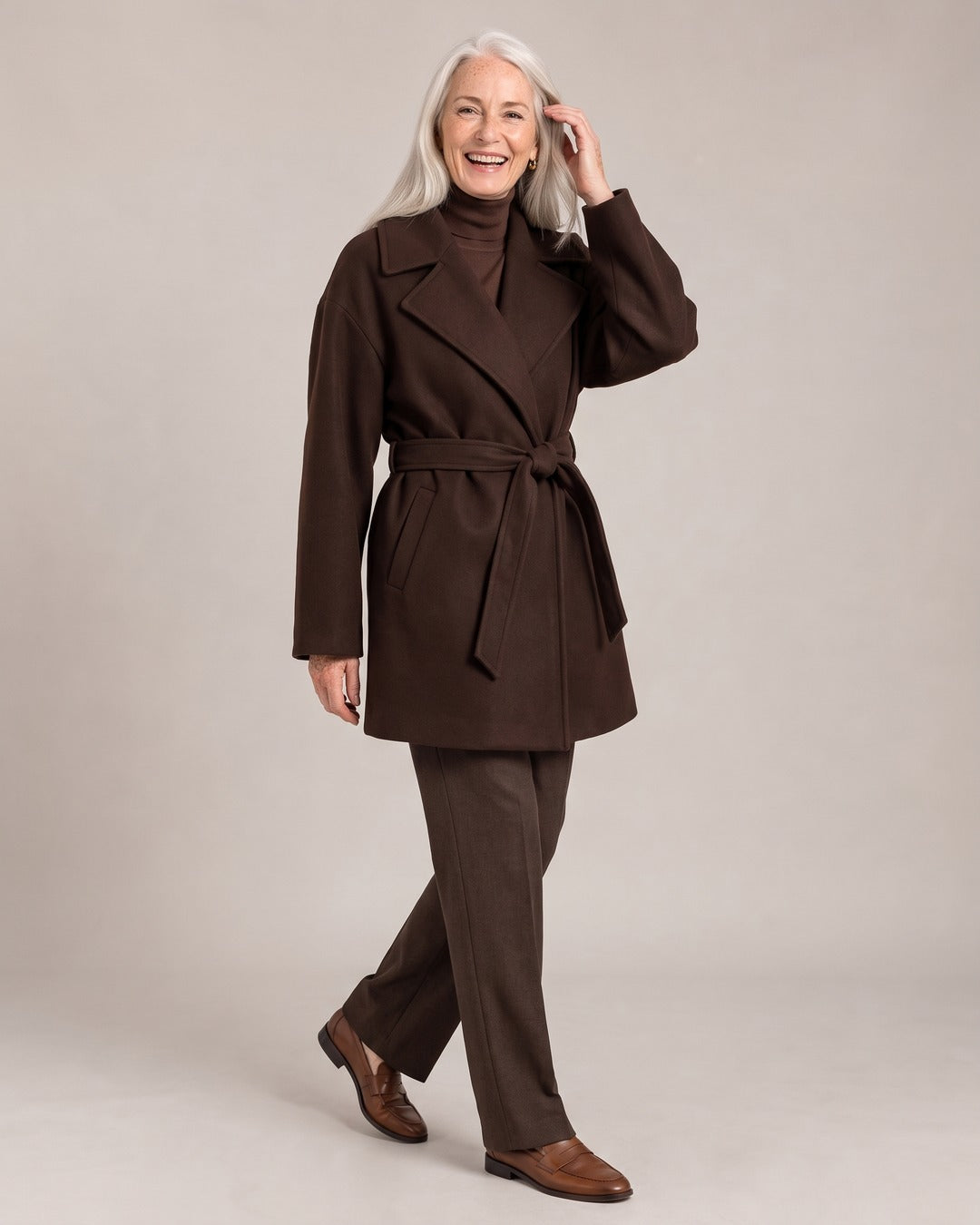 Belted Wrap Coat worn by a model