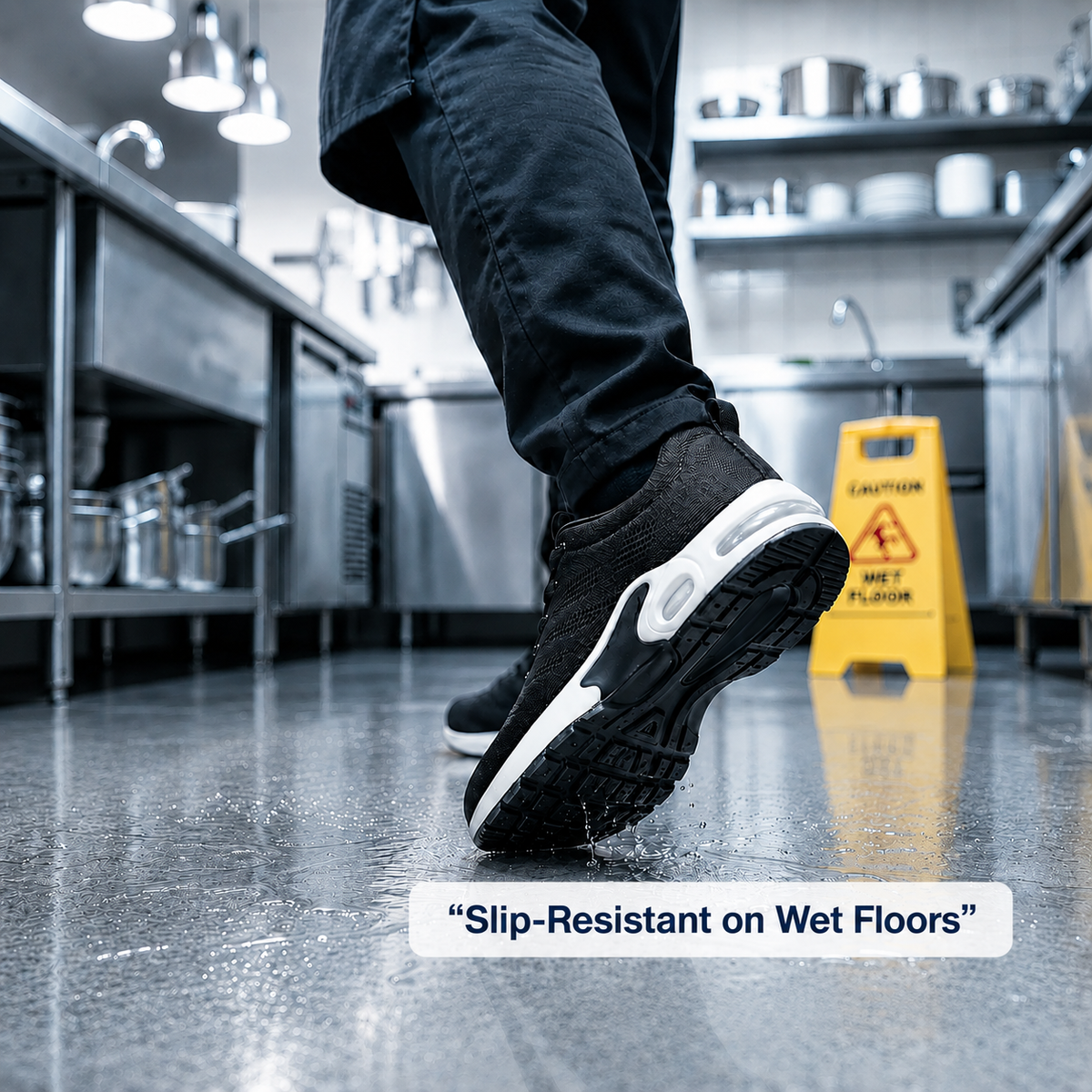 Orthoshift non-slip pain relief shoes on a wet floor – slip-resistant work shoes for nurses, hospitality and warehouse, safe shoes for smooth floors