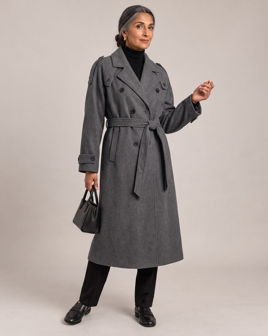Belted Longline Wrap Coat worn by a model