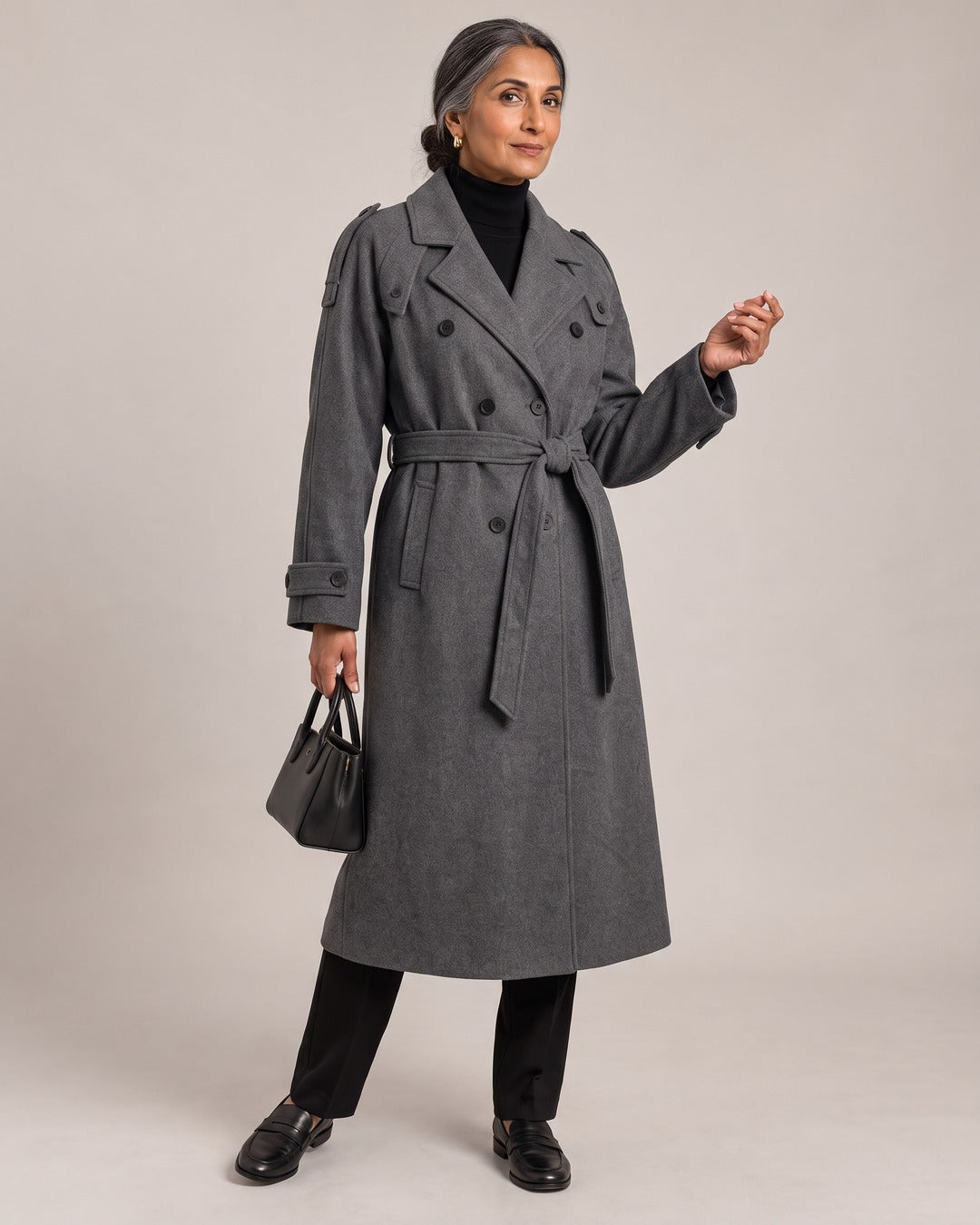 Belted Longline Wrap Coat worn by a model