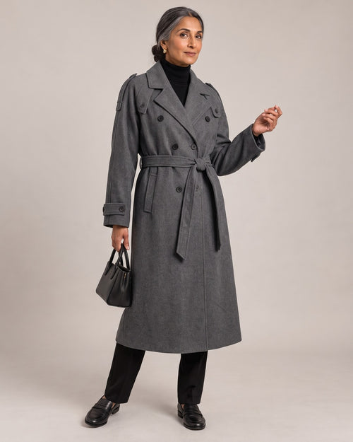 Belted Longline Wrap Coat worn by a model