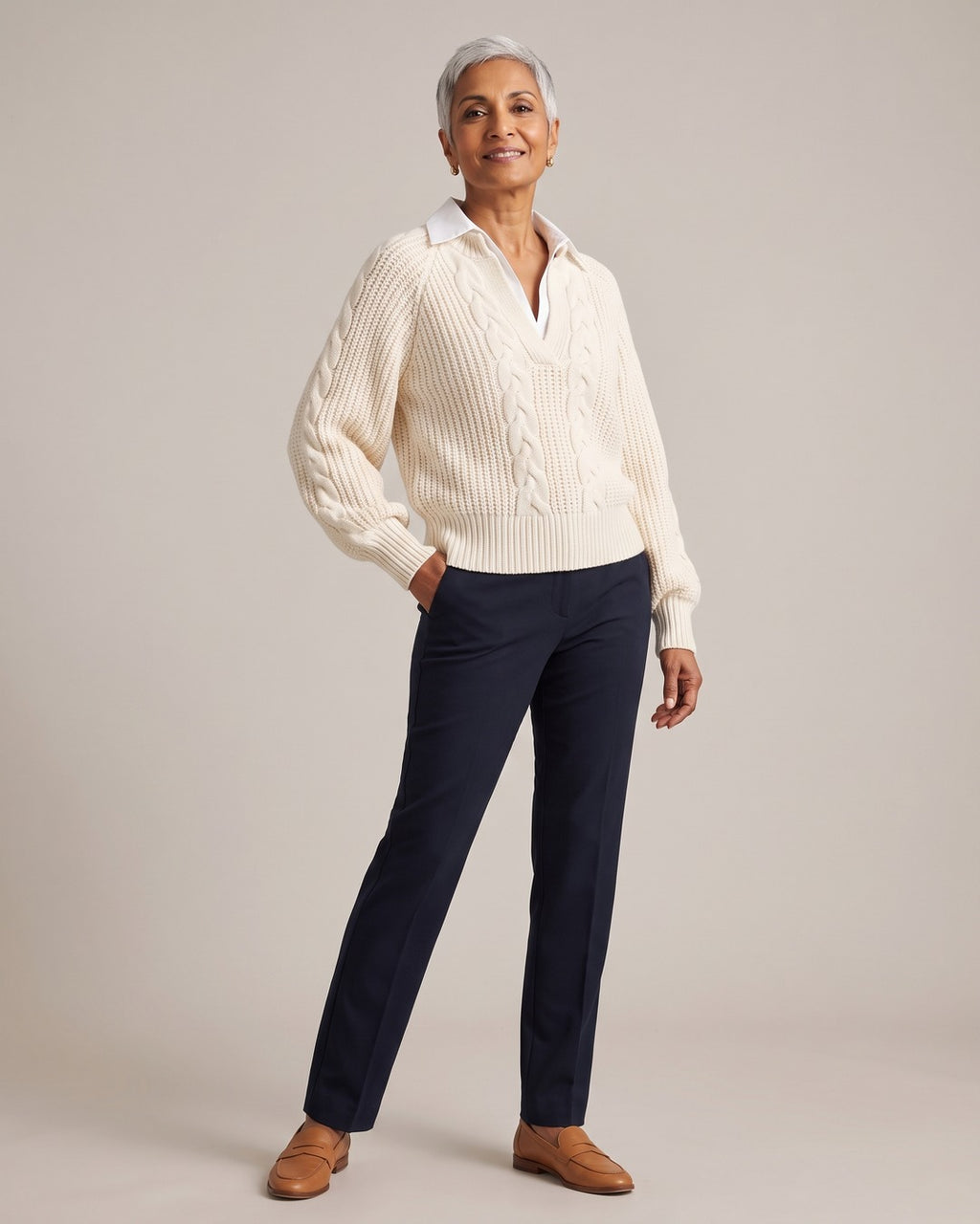 Collared Cable-Knit Jumper worn by a model