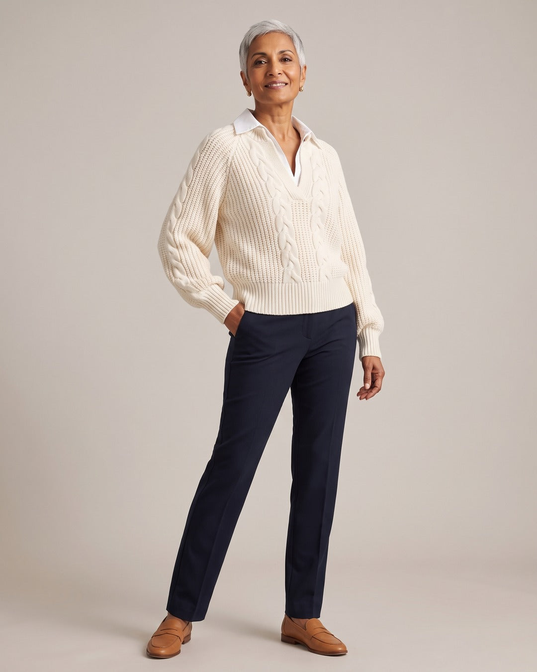 Collared Cable-Knit Jumper worn by a model