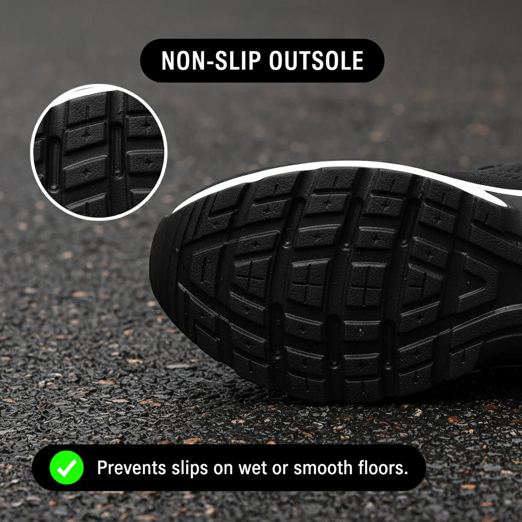 Close-up of the slip-resistant outsole on Orthoshift orthopaedic work shoes – non-slip pain relief shoes for wet and smooth floors