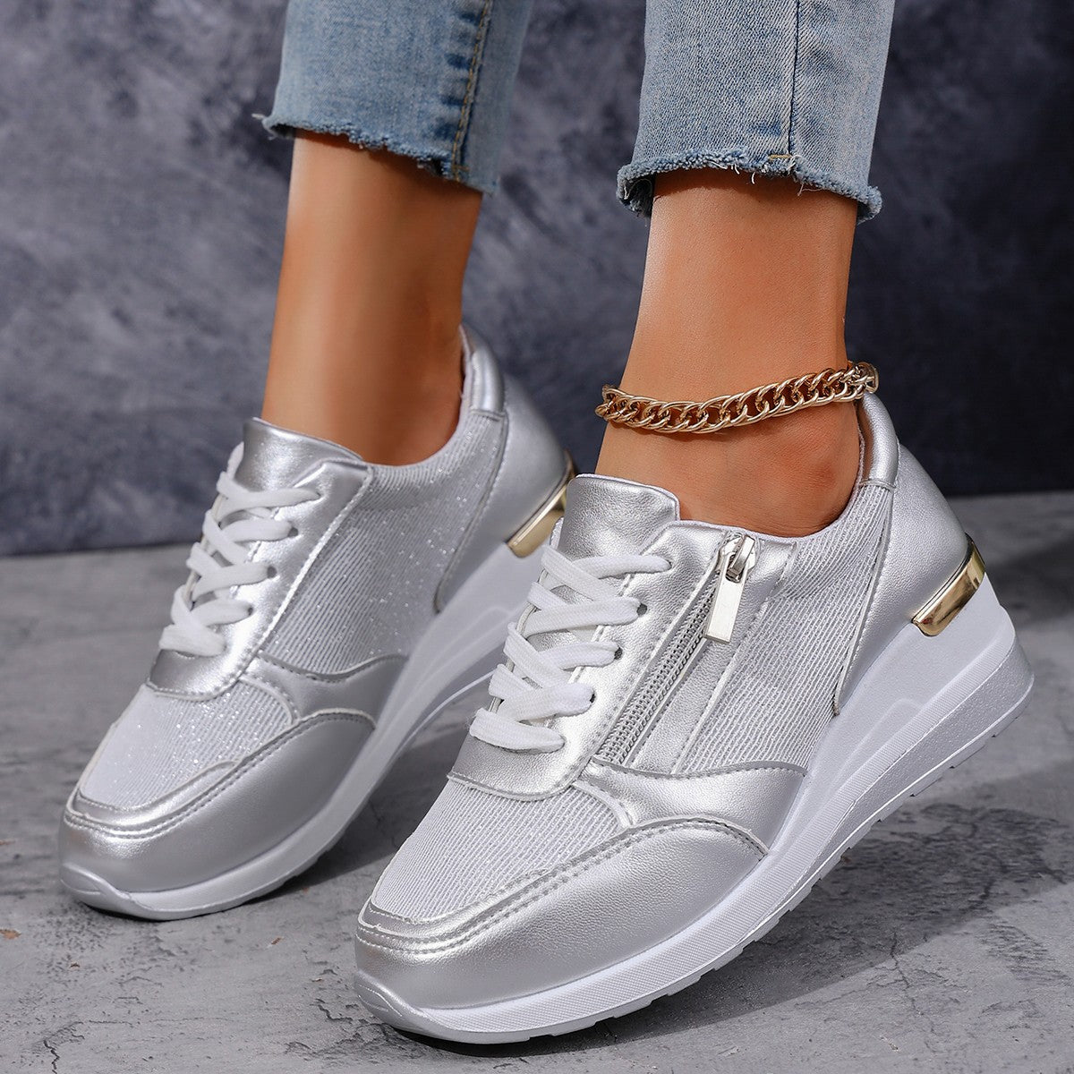 Stella | Metallic Side-Zip Wedge Trainer