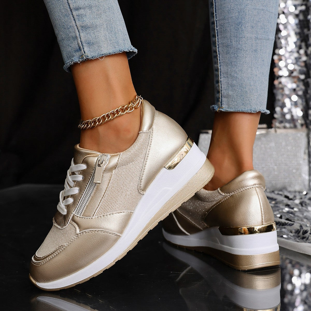 Stella | Metallic Side-Zip Wedge Trainer
