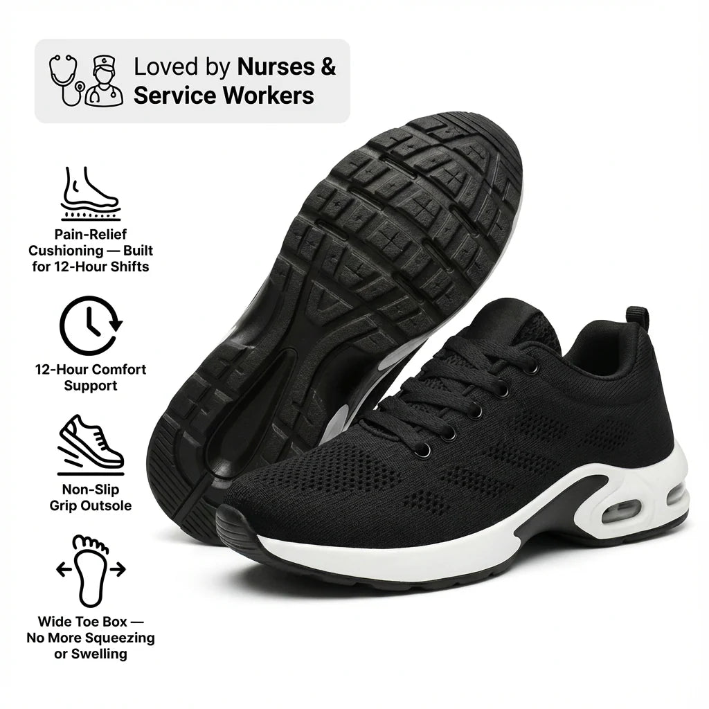 Black Orthoshift orthopaedic shoes – pain relief shoes for nurses, cushioned arch support trainers for long work shifts, comfortable work shoes for standing all day