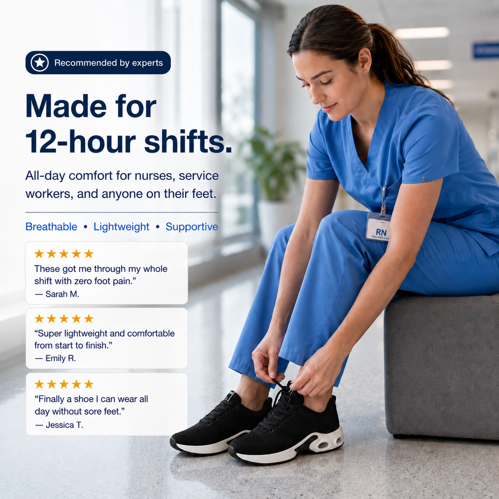 Nurse putting on black Orthoshift orthopaedic shoes – pain relief footwear for nurses and carers, comfortable shoes for 12-hour shifts and tired feet