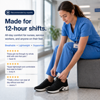 Nurse putting on black Orthoshift orthopaedic shoes – pain relief footwear for nurses and carers, comfortable shoes for 12-hour shifts and tired feet