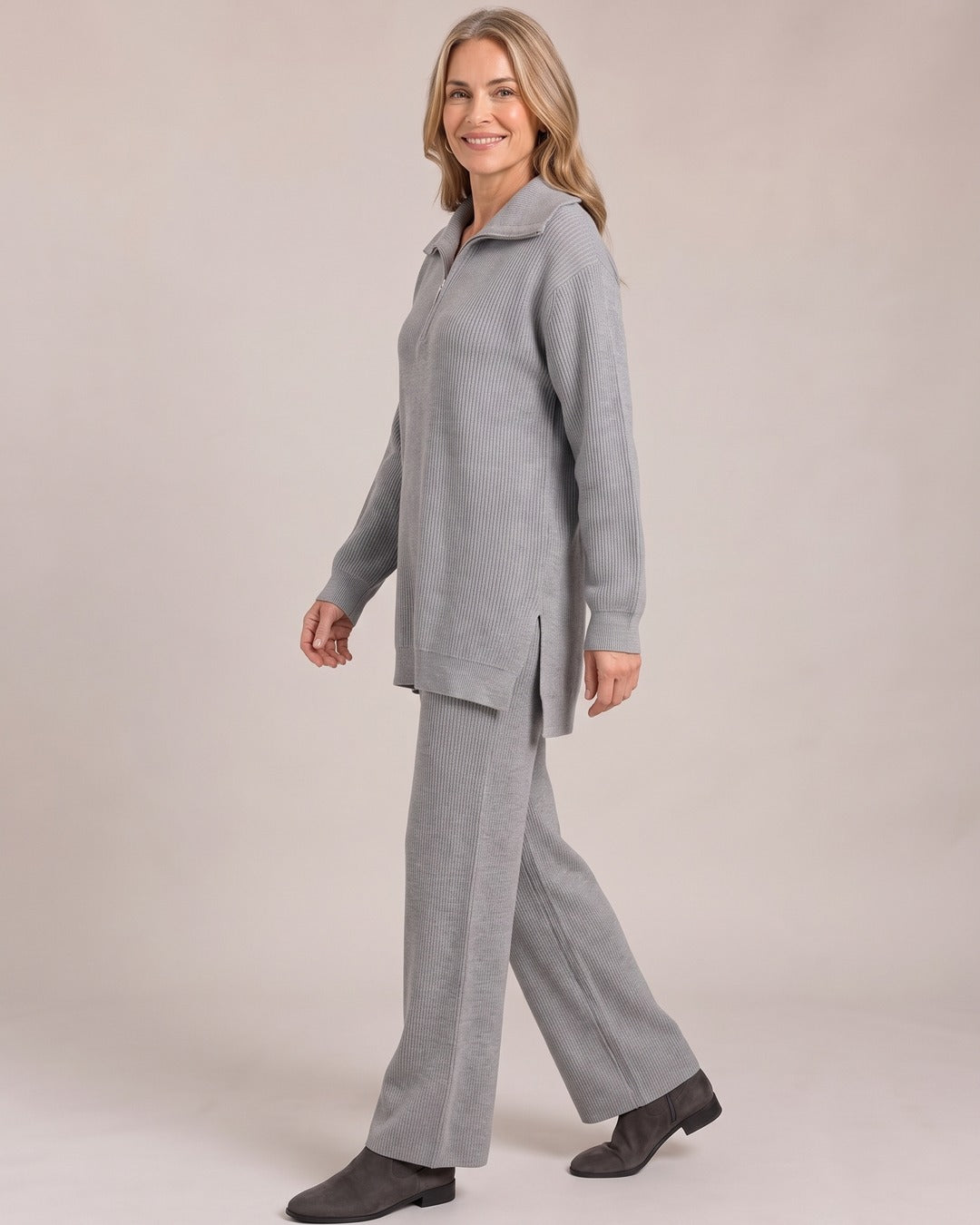 Half-Zip Knit Co-ord Set worn by a model, side view
