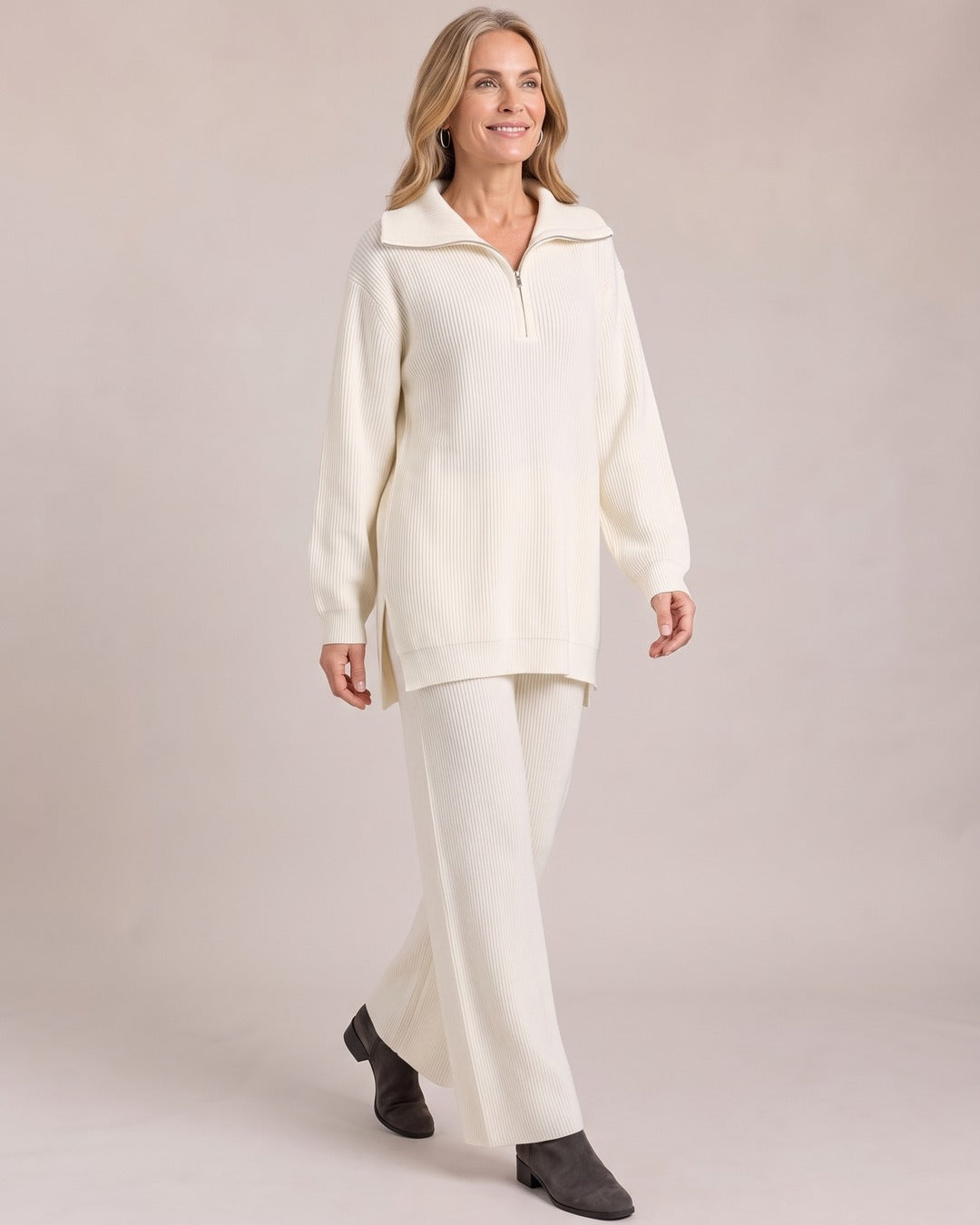 Half-Zip Knit Co-ord Set worn by a model, Cream