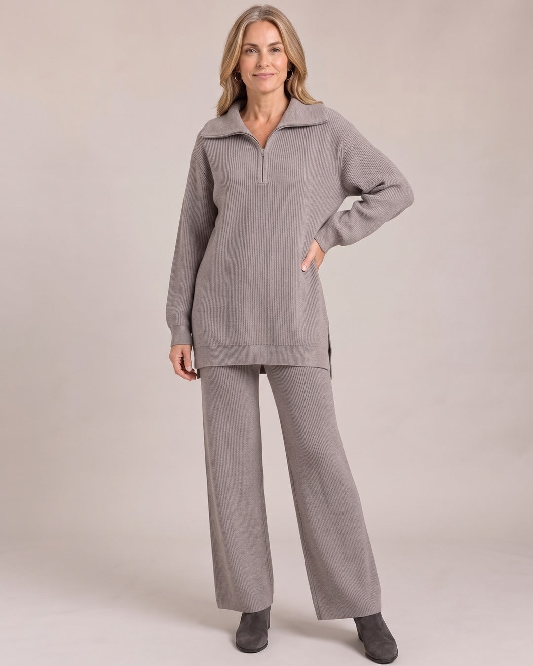 Half-Zip Knit Co-ord Set worn by a model, Khaki