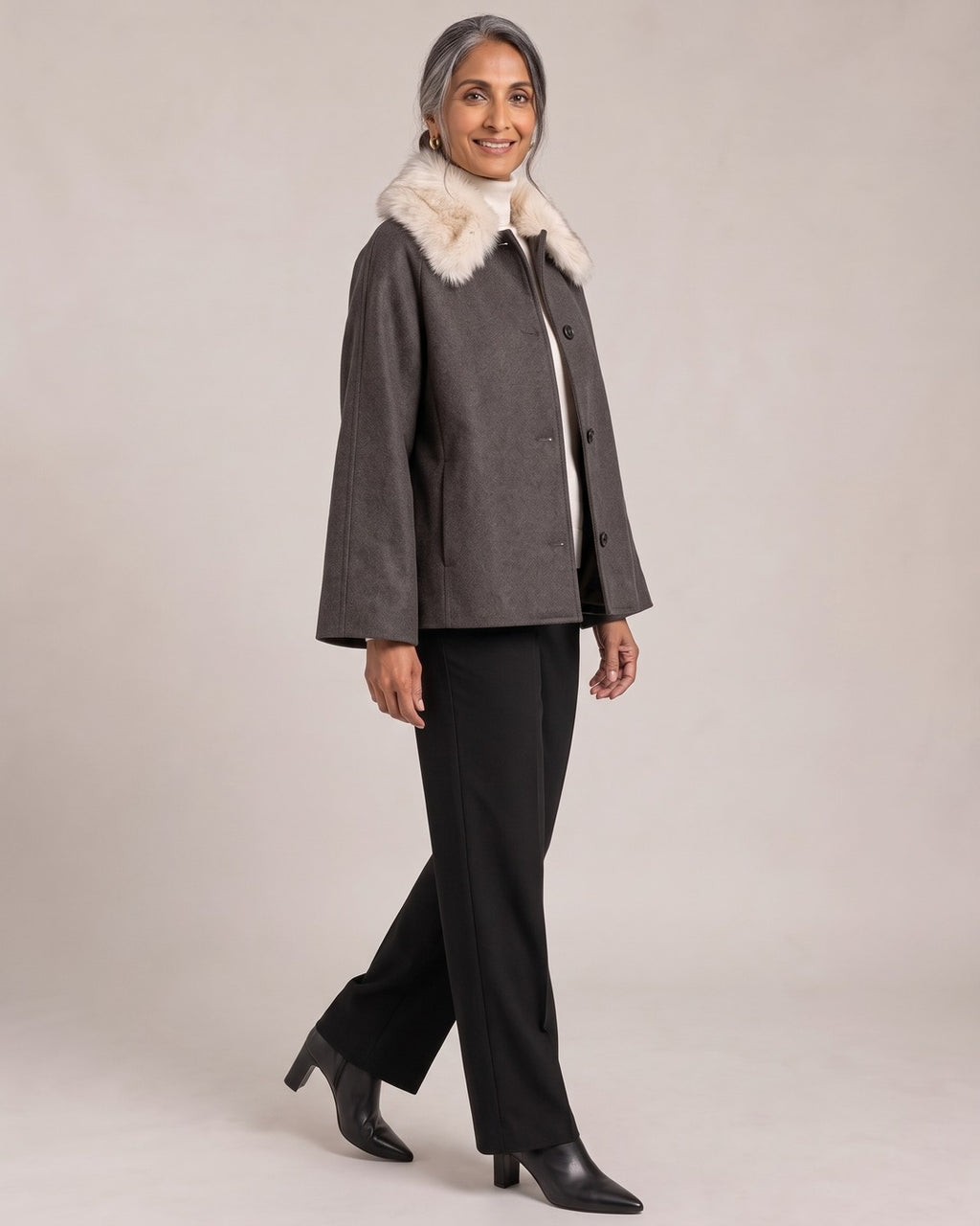 Faux Fur Collar Jacket worn by a model, side view