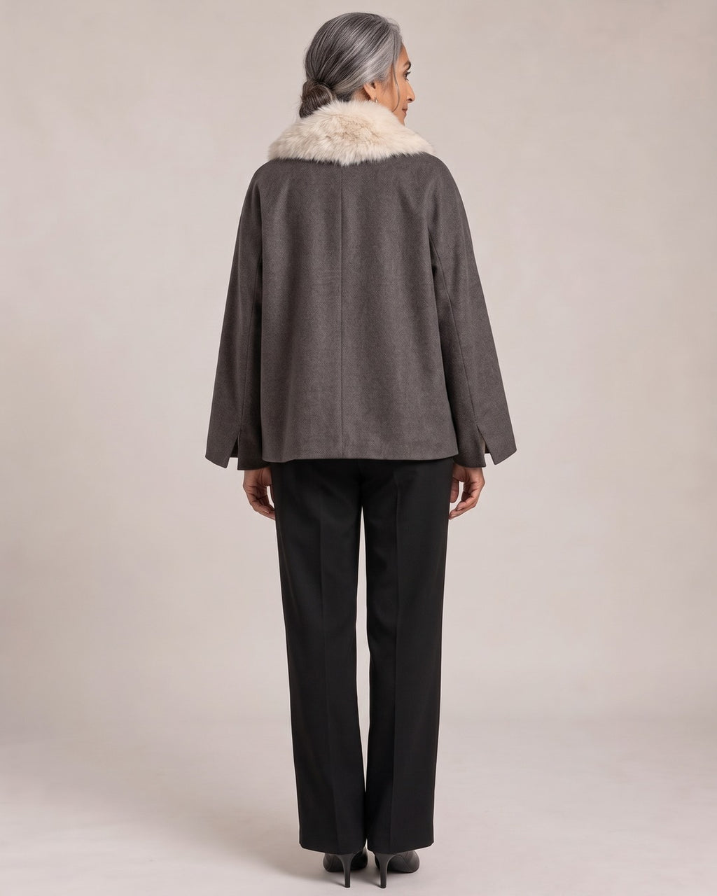 Faux Fur Collar Jacket worn by a model, back view