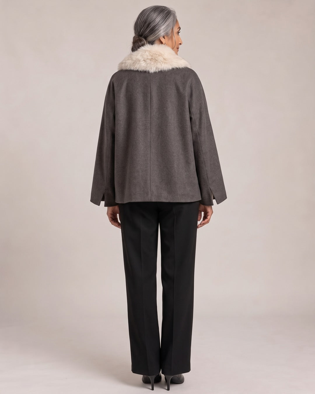 Faux Fur Collar Jacket worn by a model, back view