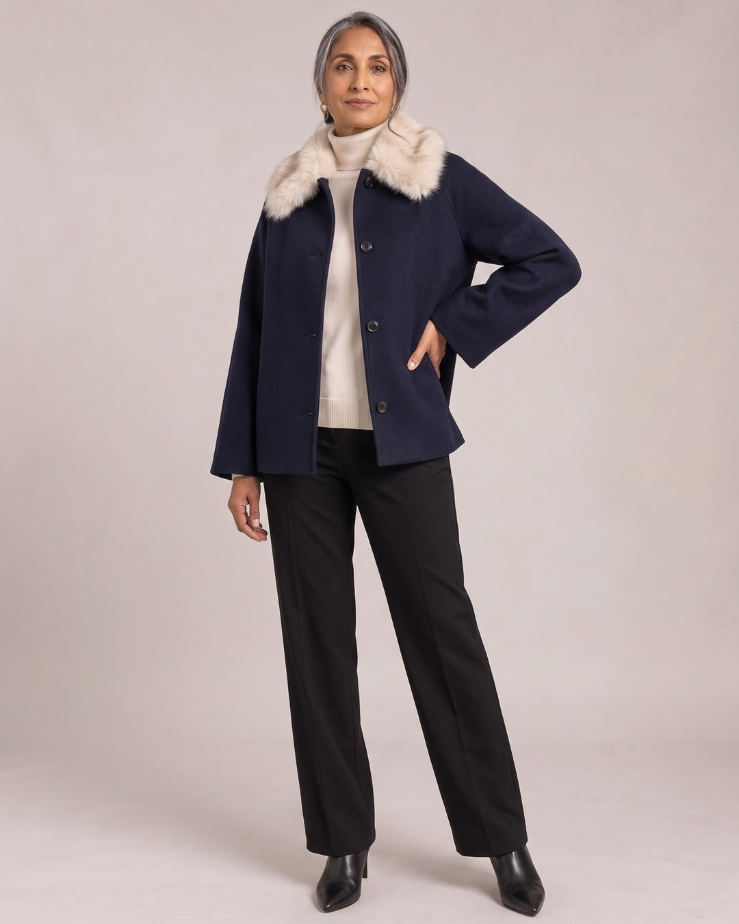 Faux Fur Collar Jacket worn by a model, Navy