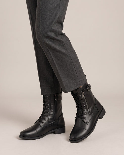 Lace-Up Buckle Ankle Boot in Black, worn