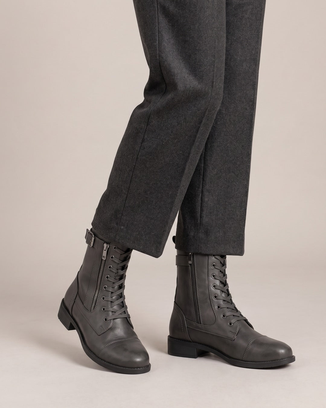 Lace-Up Buckle Ankle Boot in Charcoal, worn