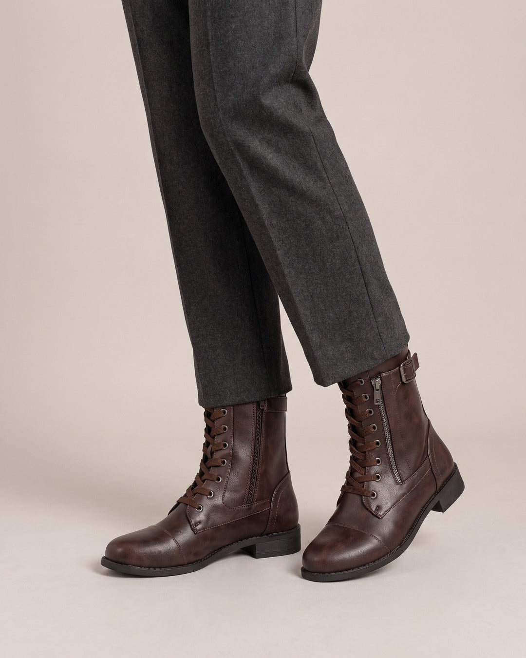 Lace-Up Buckle Ankle Boot in Dark Brown, worn