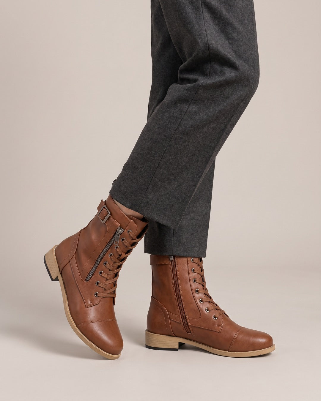 Lace-Up Buckle Ankle Boot in Tan, worn