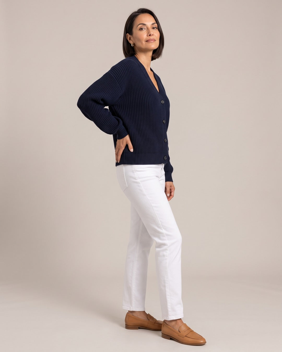 V-Neck Knit Cardigan worn by a model