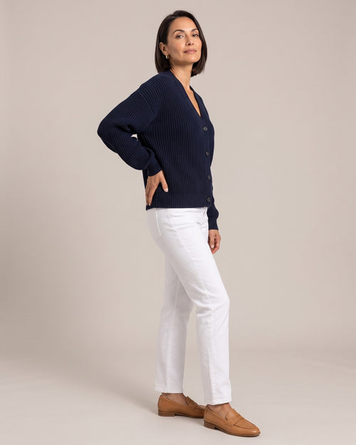 V-Neck Knit Cardigan worn by a model