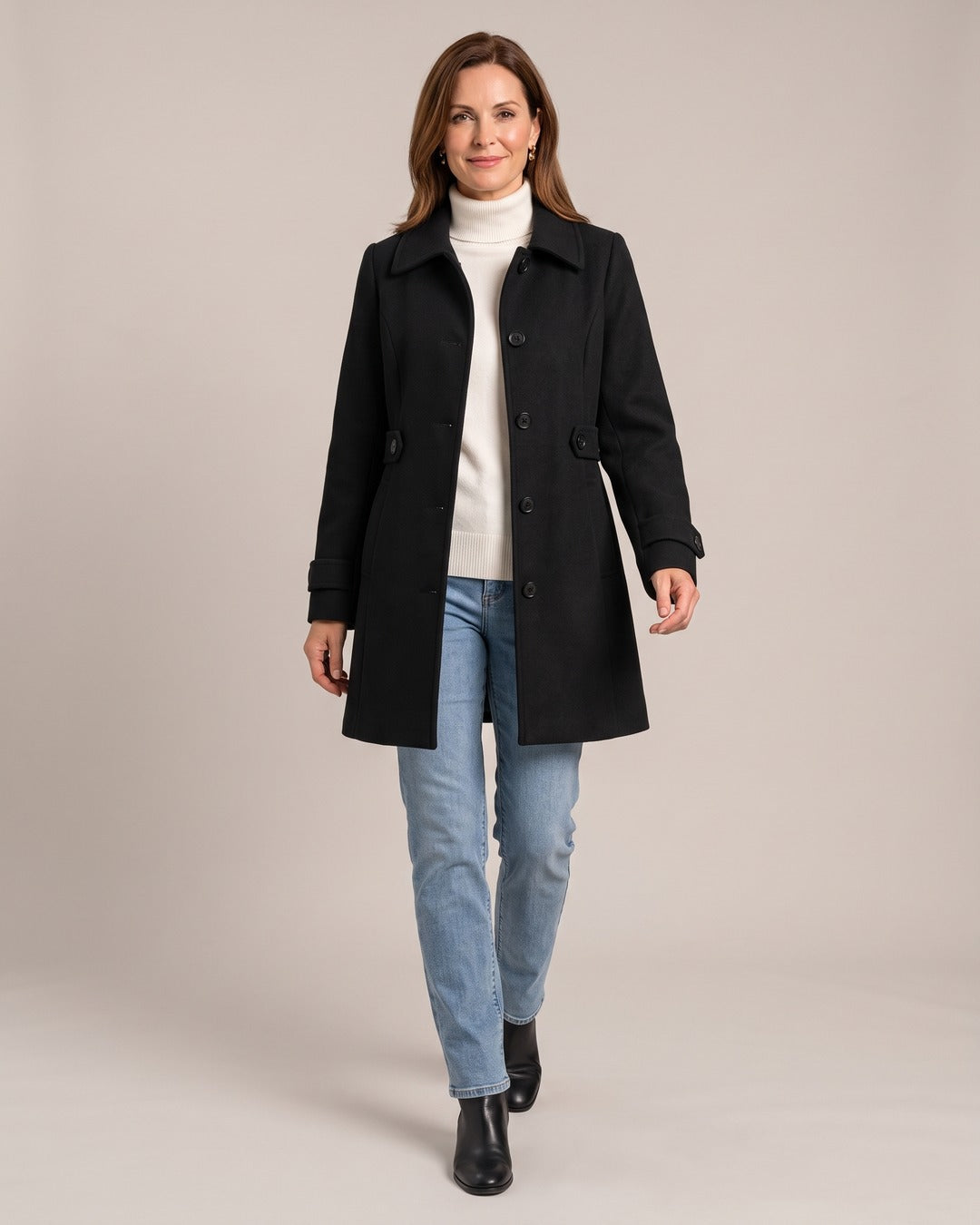 Button-Front Trench Coat worn by a model