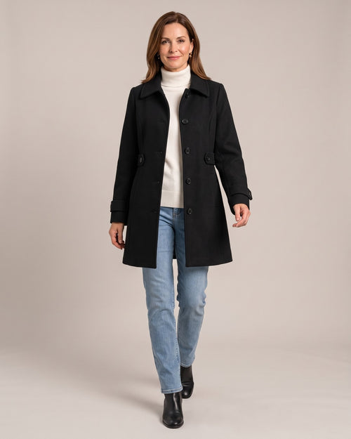 Button-Front Trench Coat worn by a model