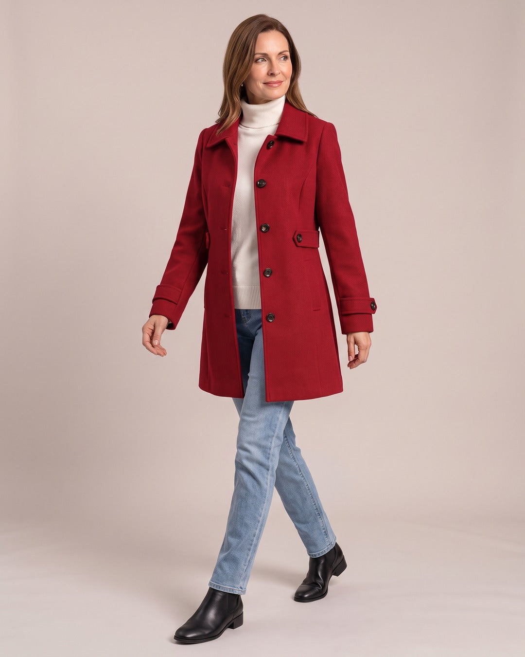 Button-Front Trench Coat worn by a model, Scarlet
