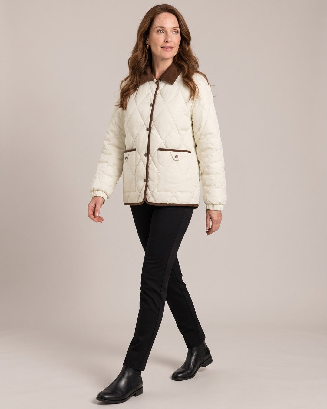Quilted Puffer Jacket with Corduroy Collar worn by a model
