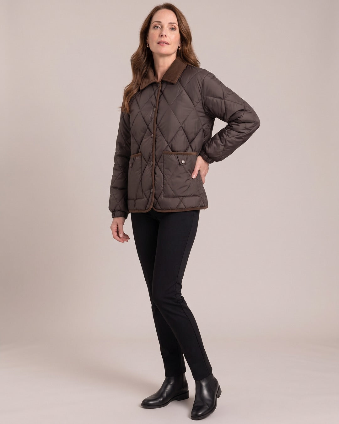 Quilted Puffer Jacket with Corduroy Collar worn by a model, Apricot