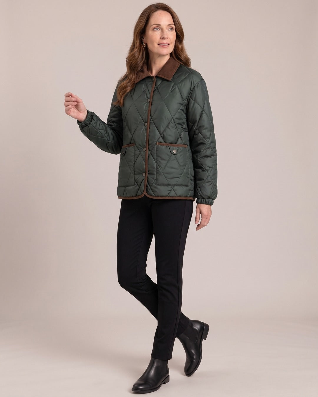 Quilted Puffer Jacket with Corduroy Collar worn by a model, Black