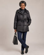 Hooded Belted Puffer Jacket worn by a model