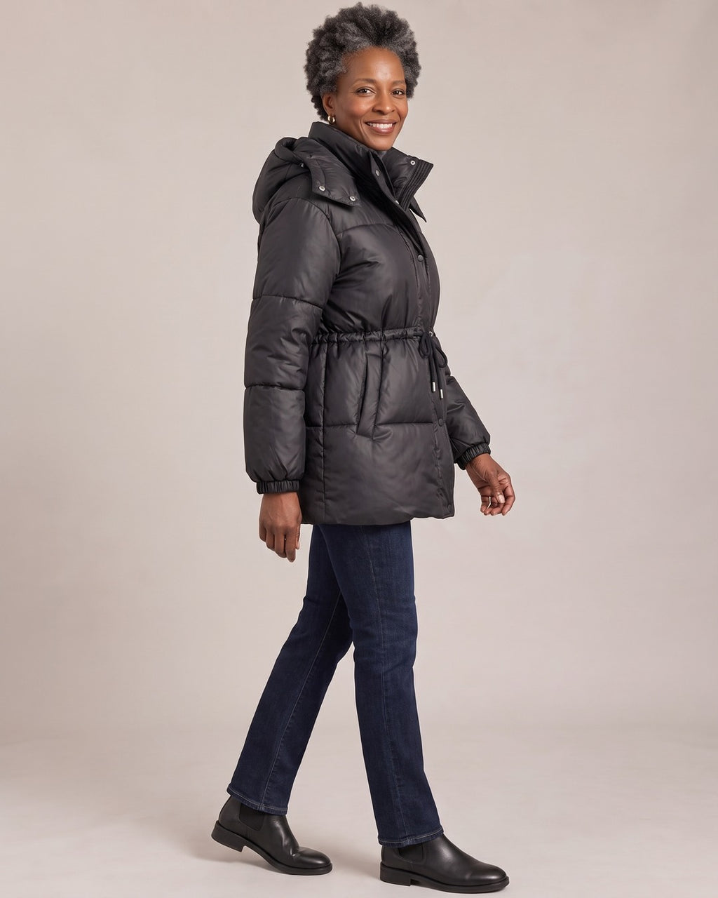 Hooded Belted Puffer Jacket worn by a model, side view