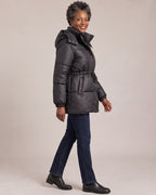 Hooded Belted Puffer Jacket worn by a model, side view