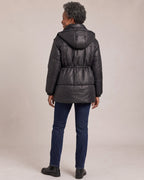 Hooded Belted Puffer Jacket worn by a model, back view