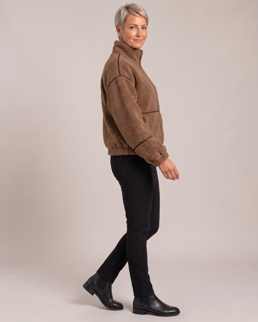 Zip-Up Sherpa Jacket worn by a model, side view, Brown