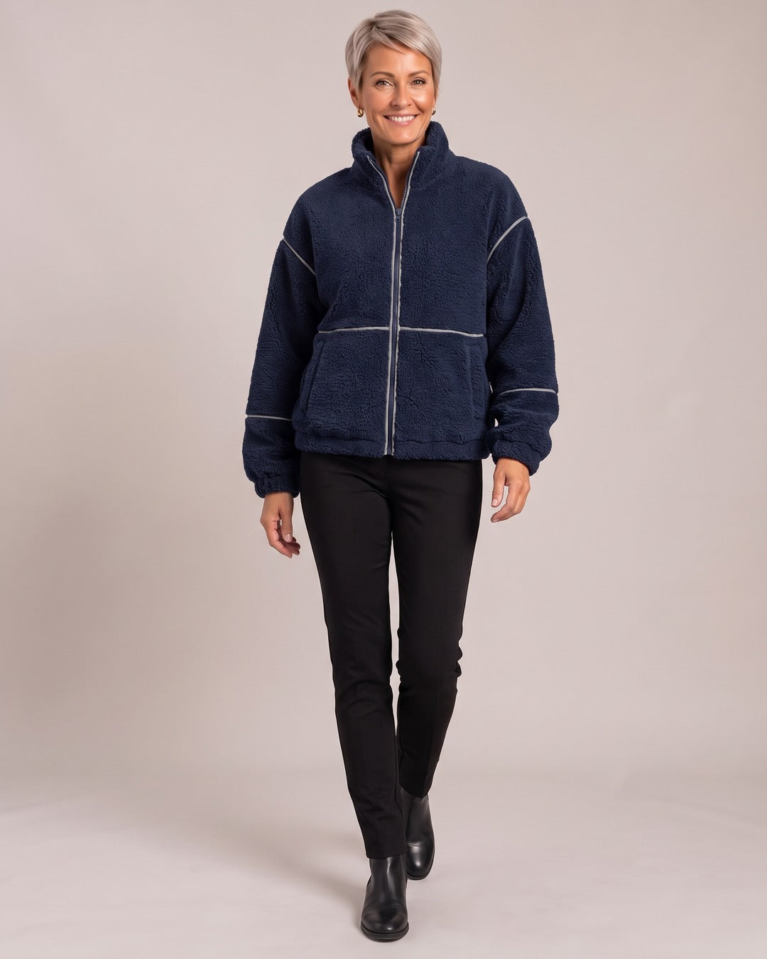 Zip-Up Sherpa Jacket worn by a model, Blue