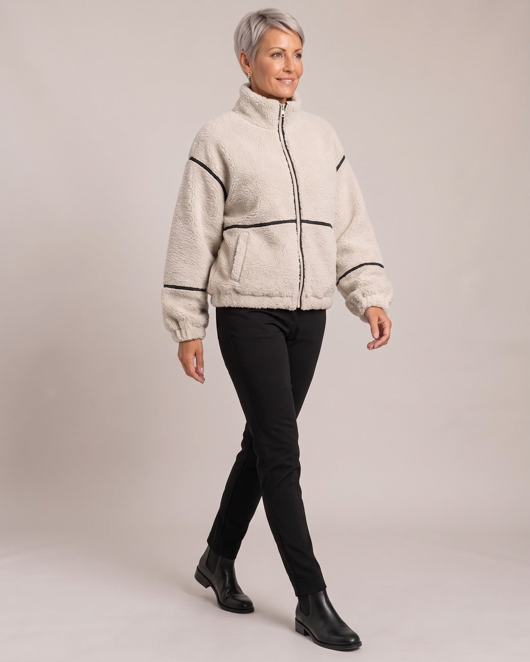 Zip-Up Sherpa Jacket worn by a model, White