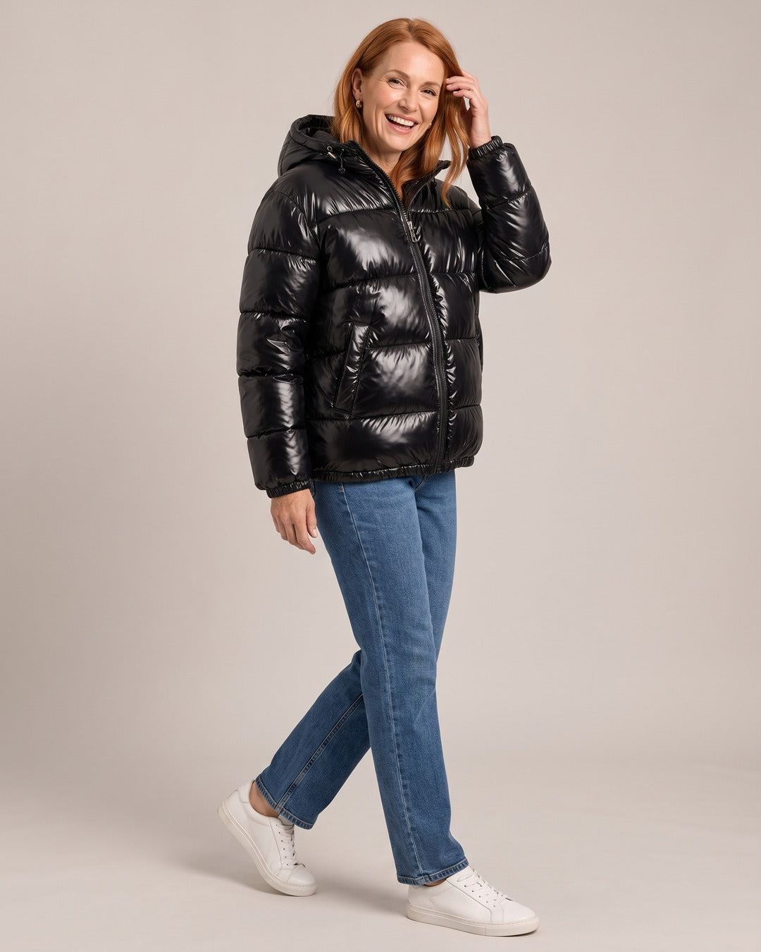 Glossy Hooded Puffer Jacket worn by a model