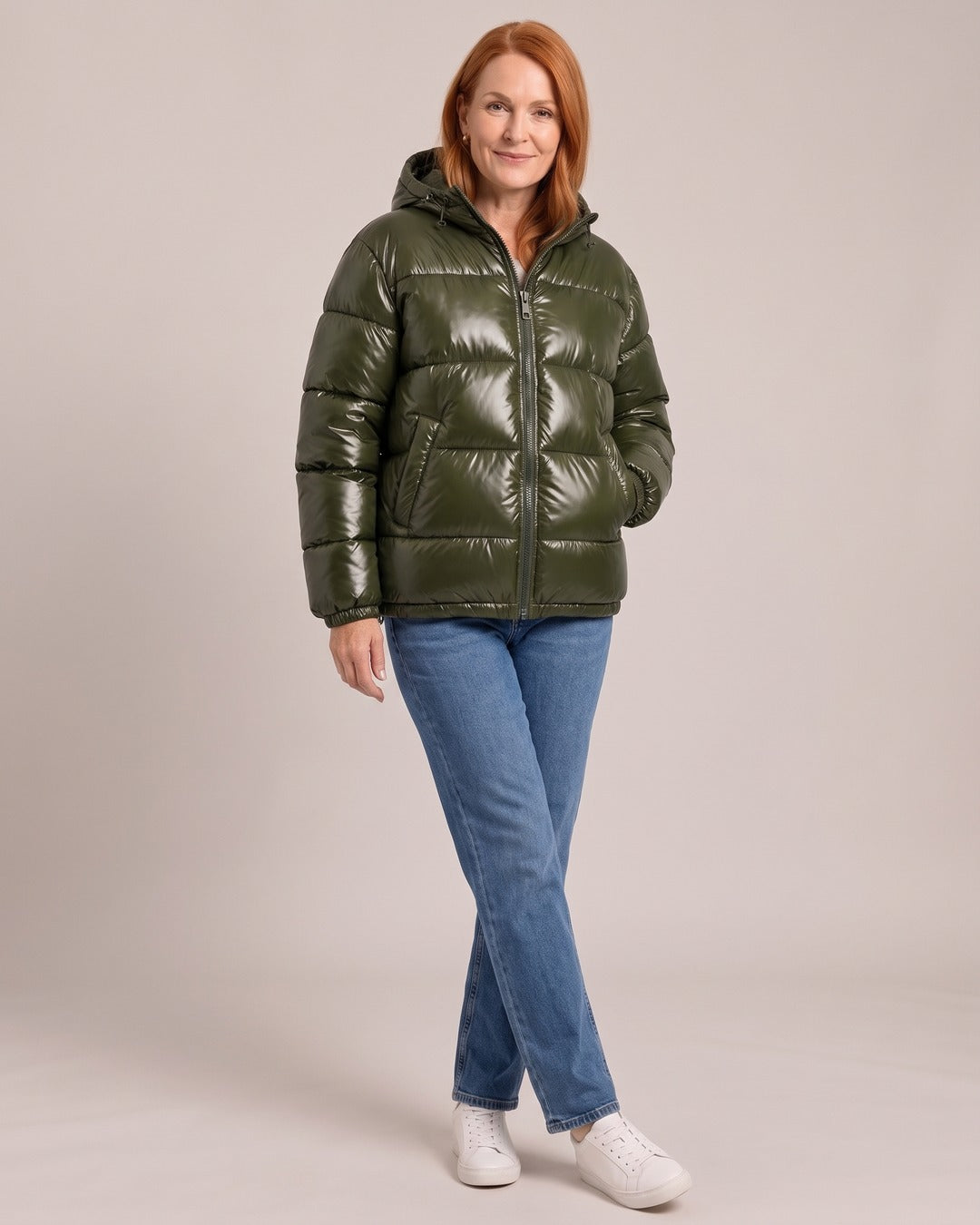 Glossy Hooded Puffer Jacket worn by a model, Olive