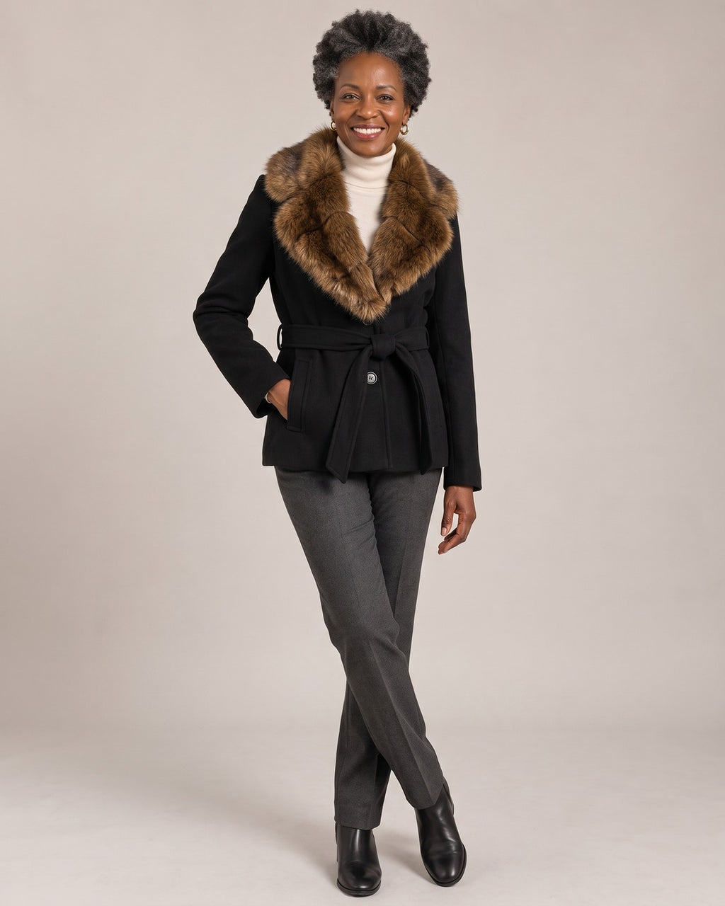 Belted Jacket with Faux Fur Collar worn by a model