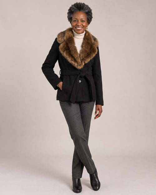 Belted Jacket with Faux Fur Collar worn by a model