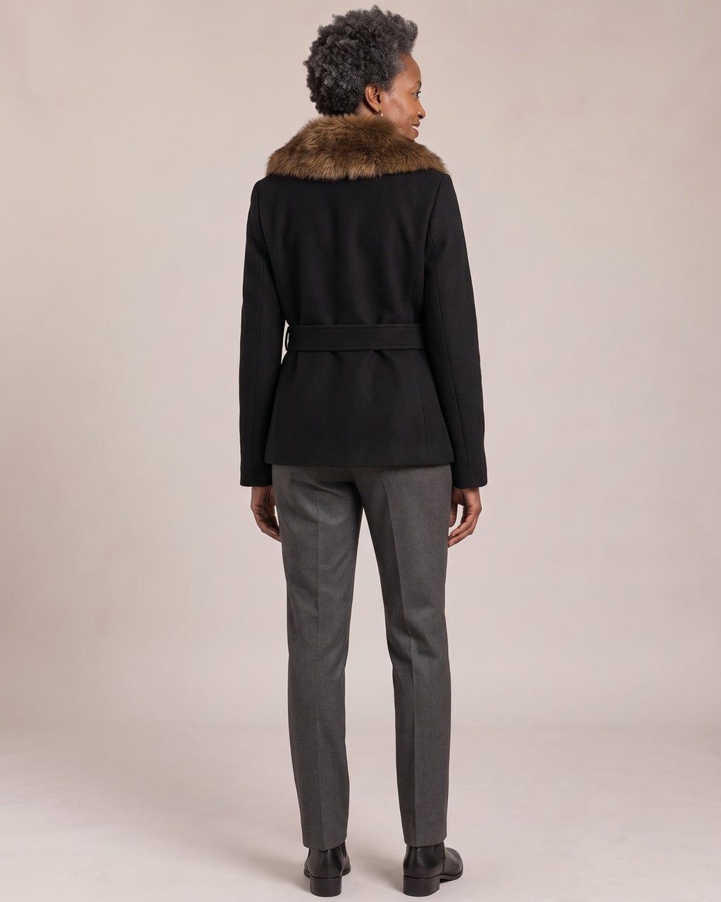 Belted Jacket with Faux Fur Collar worn by a model, back view