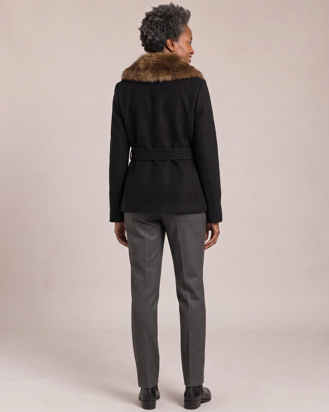 Belted Jacket with Faux Fur Collar worn by a model, back view