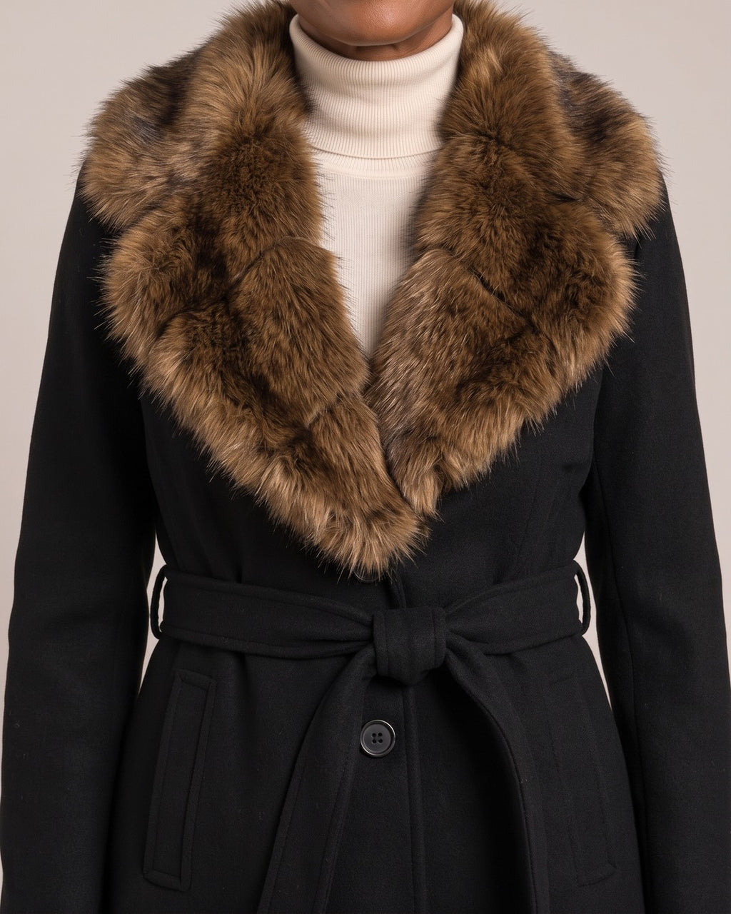 Belted Jacket with Faux Fur Collar close-up detail