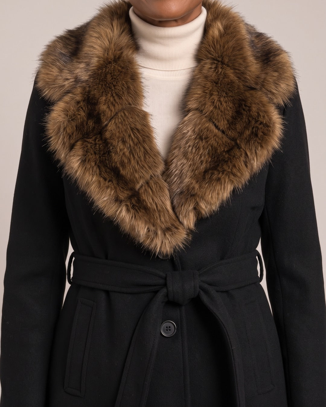 Belted Jacket with Faux Fur Collar close-up detail