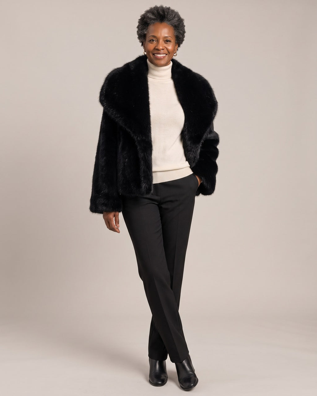 Faux Fur Jacket with Oversized Lapels worn by a model