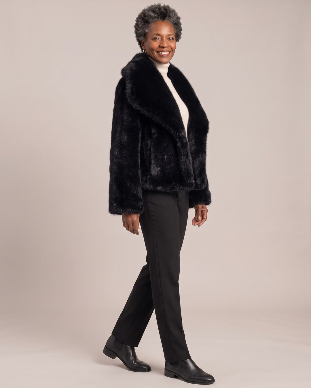Faux Fur Jacket with Oversized Lapels worn by a model, side view