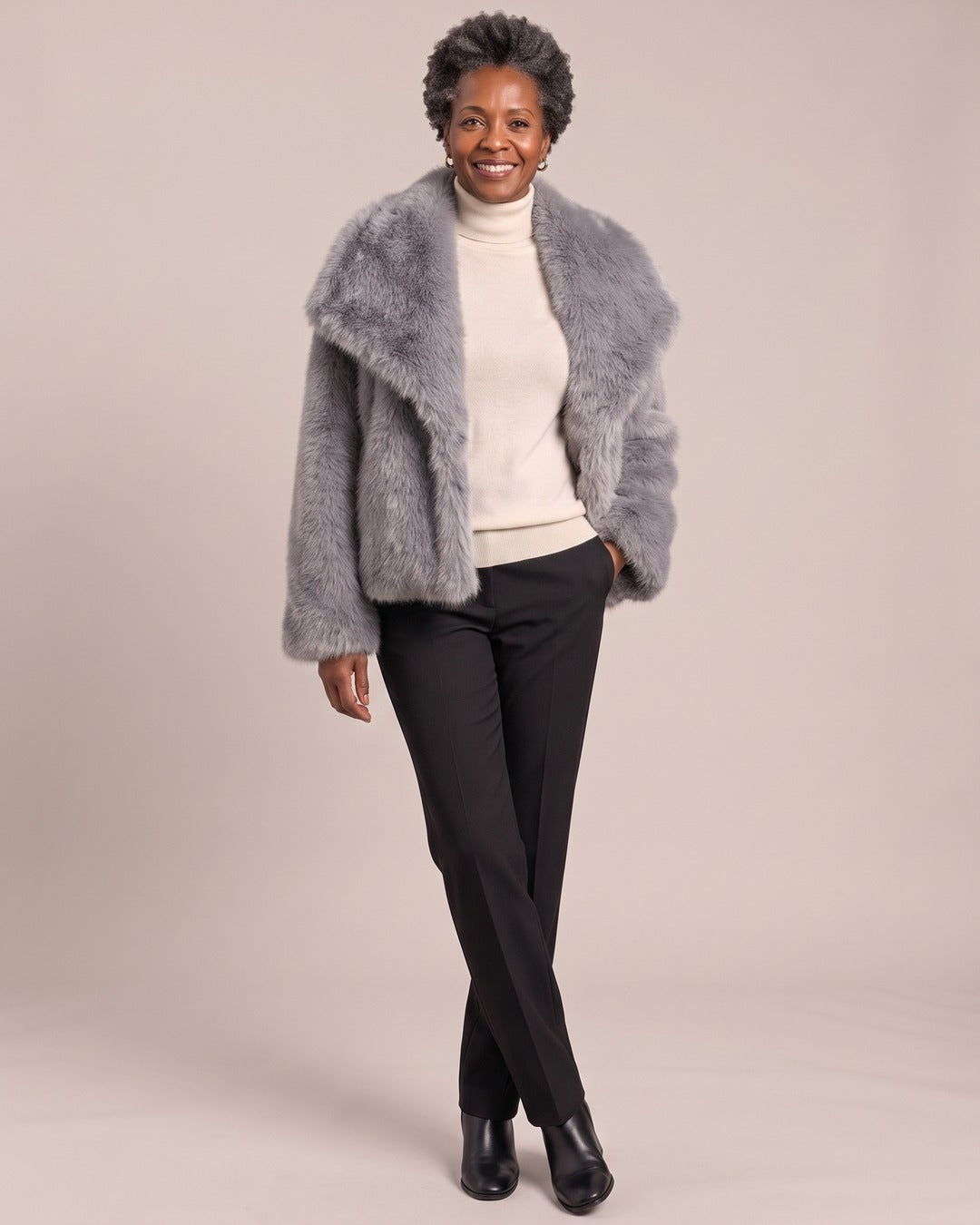 Faux Fur Jacket with Oversized Lapels worn by a model, Grey